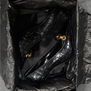Saint Laurent Black Croc-Embossed Heels with Gold Accent